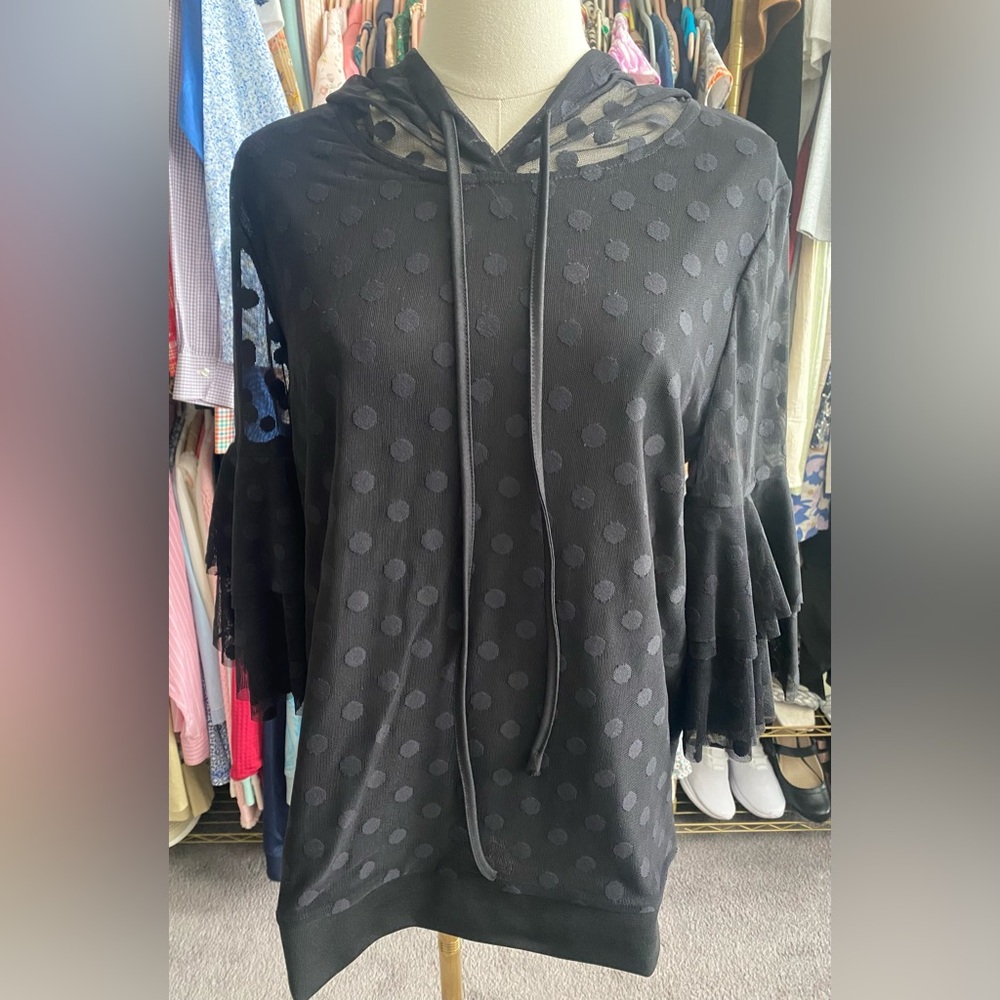Promesa Black Sheer Mesh Polka Dot Ruffle Sleeve Hoodie Top L